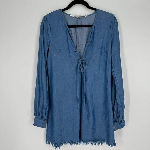 Lovers + Friends Denim Raw Hem Lace Up Dress Tencel Blue Womens Small - Picture 1 of 9